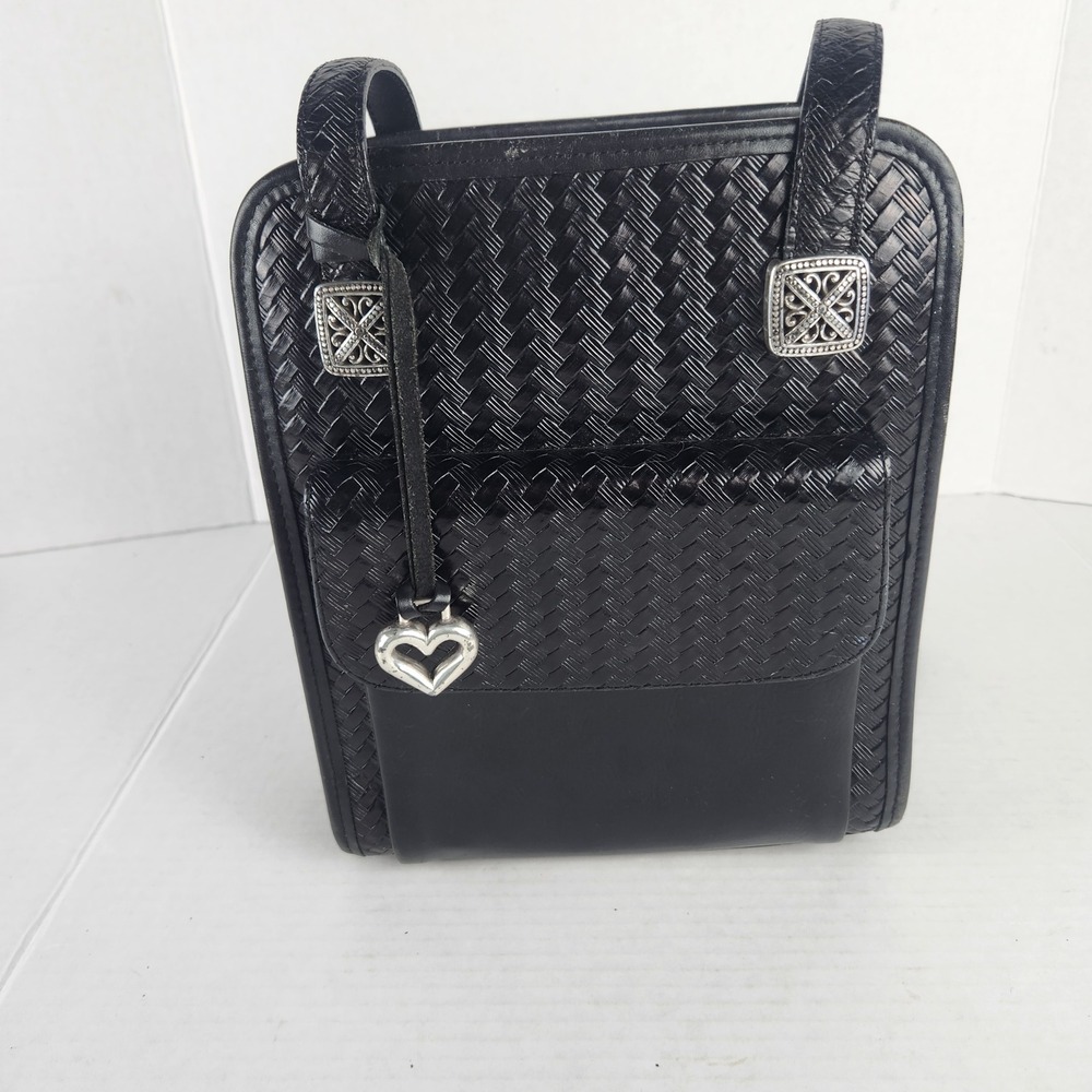 Brighton Black Woven Leather Shoulder Bag Heart Charm Silver Hardware